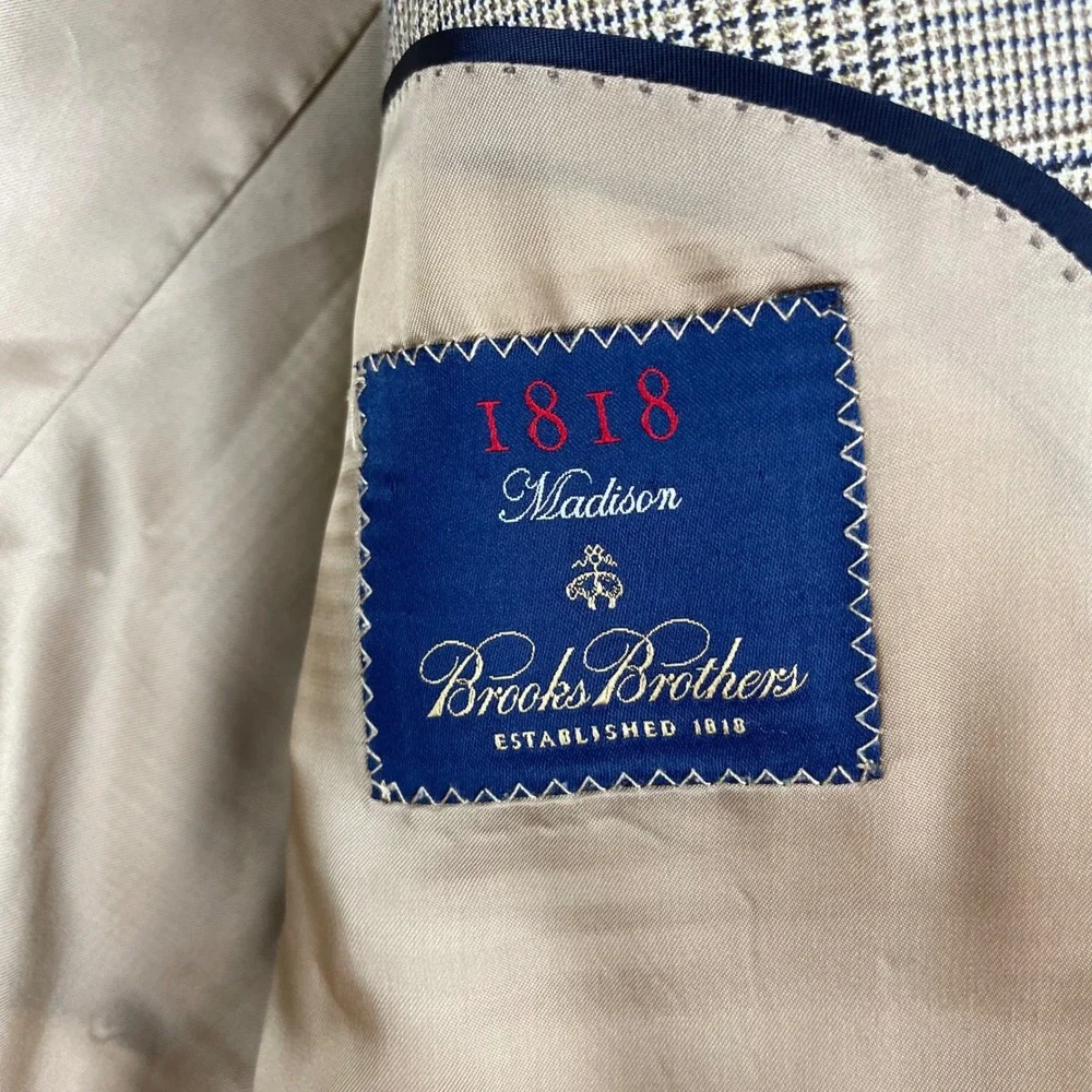 Brooks Brothers 1818 Madison Saxon Wool Glen Plaid Blazer Tan Brown 40L 32184026